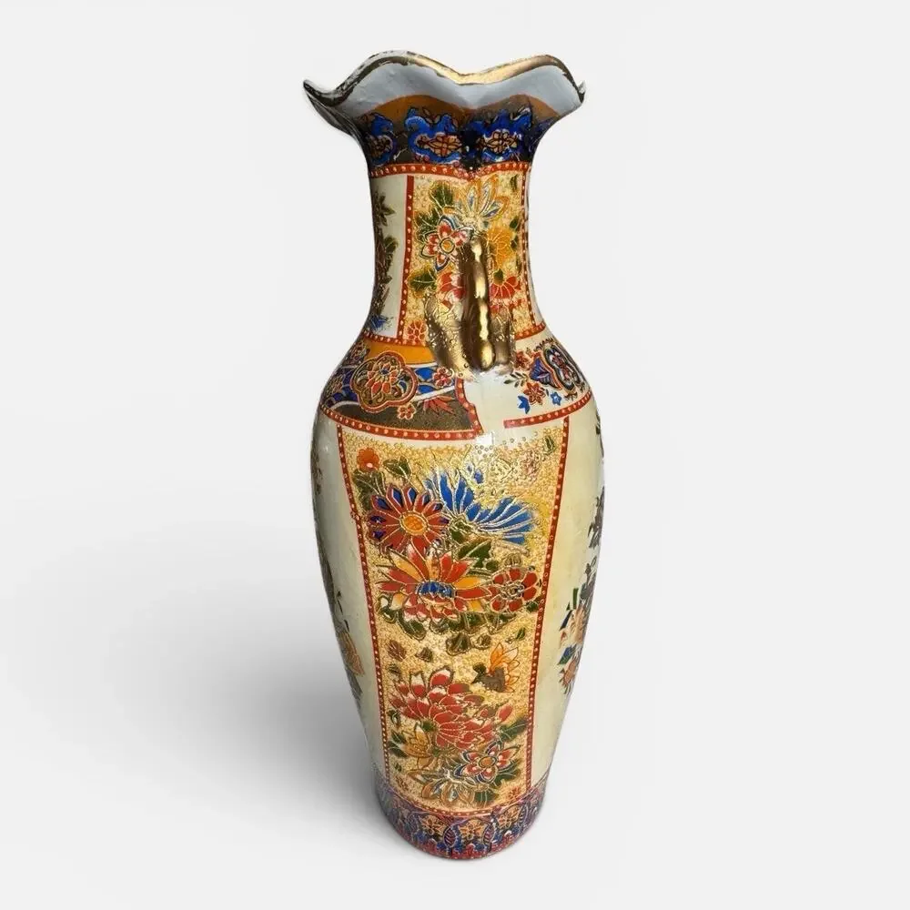 Vintage Ceramic Floral Chinese Vase 10”
